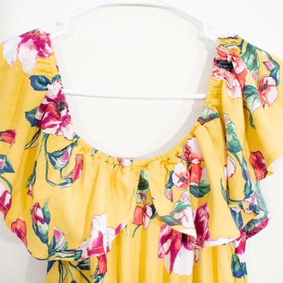 Band of Gypsies M Yellow and Pink Floral Button Tied Off Shoulder Viscose Hi-Low - Picture 6 of 14